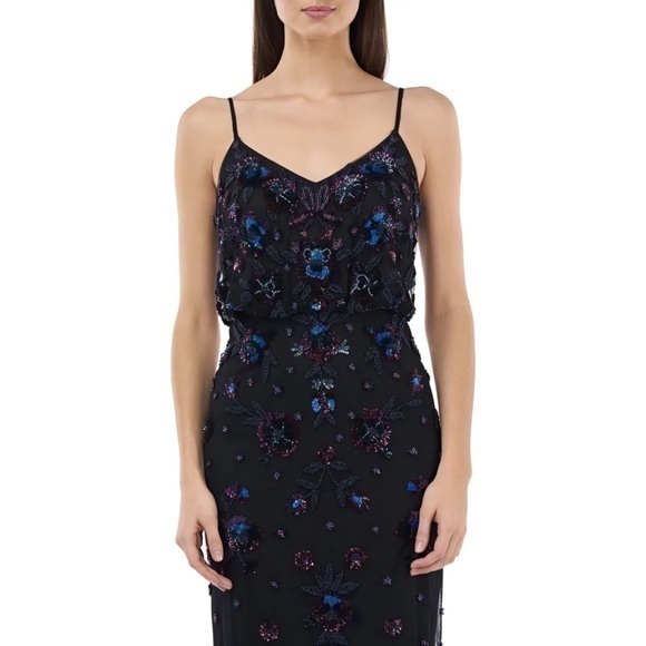 JS Collections Black Sleeveless Cami Multi Beaded Blouson Formal Gown Size 12 - Picture 3 of 10